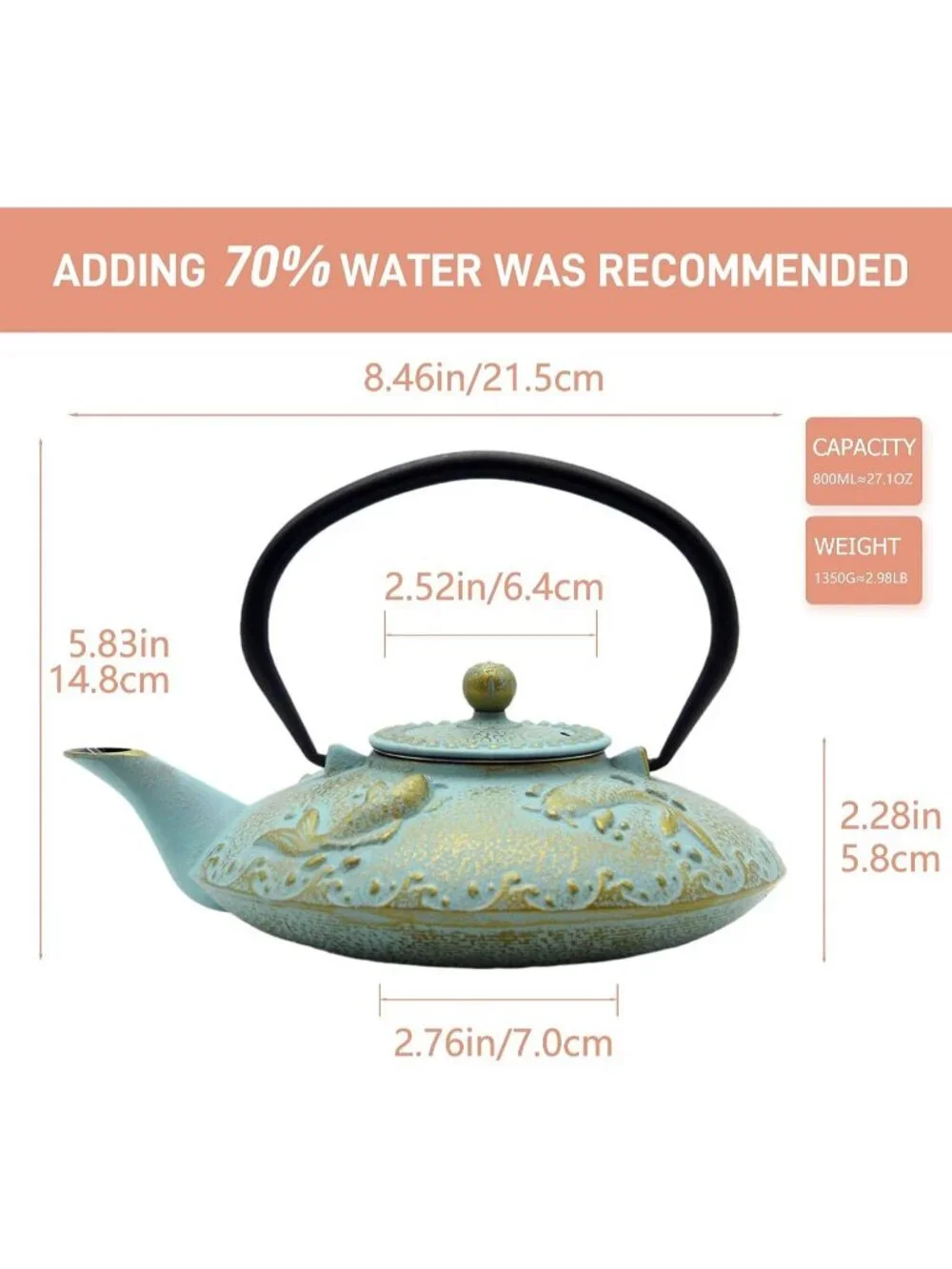 Cyan and Gold Cast Iron Kitchen Japanese Teapot 27.1oz Stovetop  Infuser Pot
